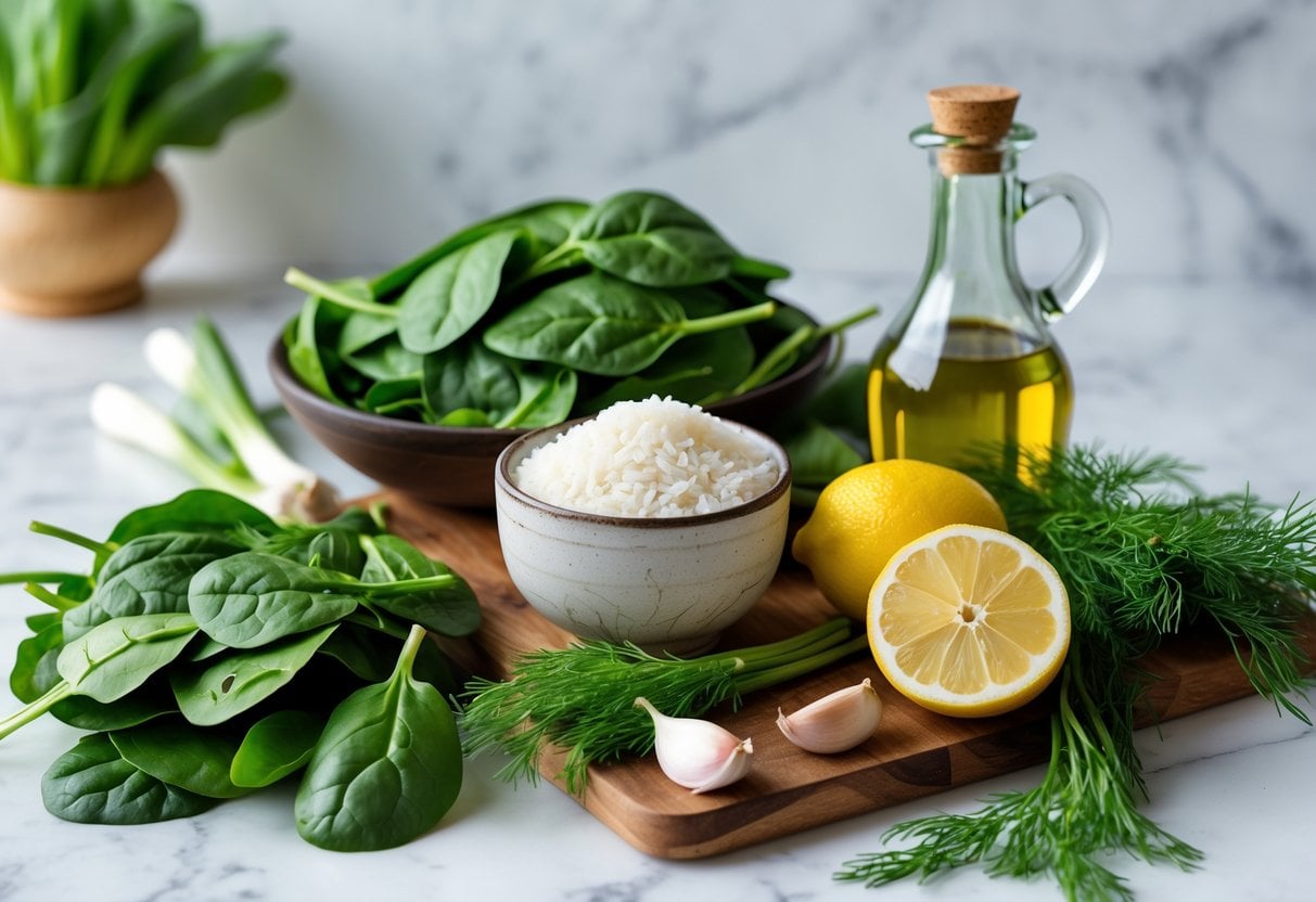 Fresh spinach, rice, spring onions, dill, lemon, olive oil, and garlic arranged on a wooden board and marble countertop.
