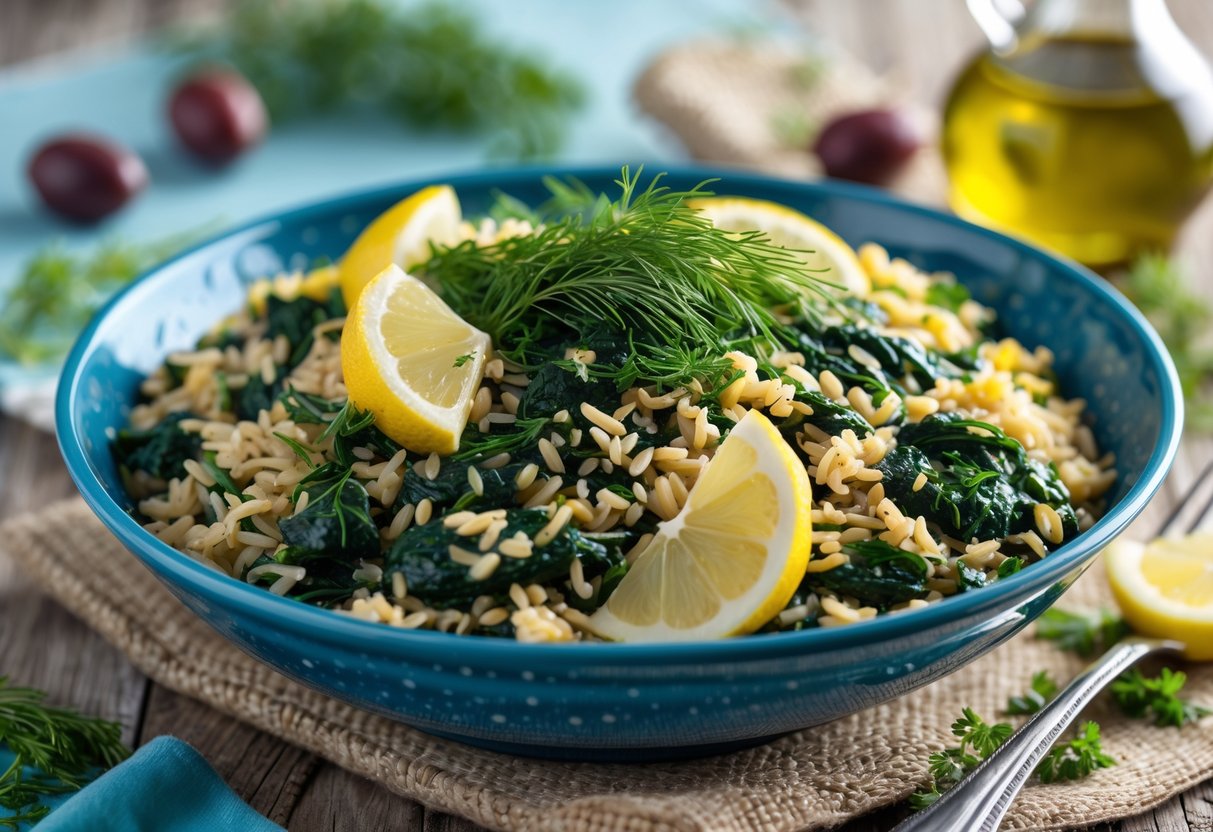 A bowl of spinach and rice dish garnished with lemon wedges and fresh herbs on a wooden table with olive oil and olives nearby.