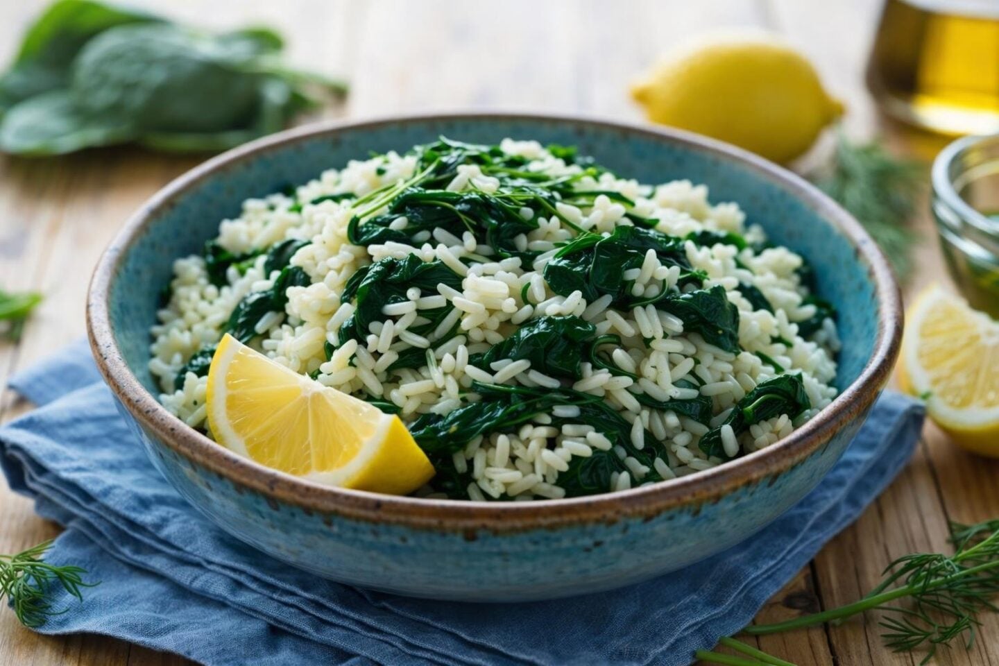 A bowl of Spanakorizo, a Greek spinach and rice dish, garnished with dill and lemon wedges on a wooden table with fresh spinach and olive oil nearby.