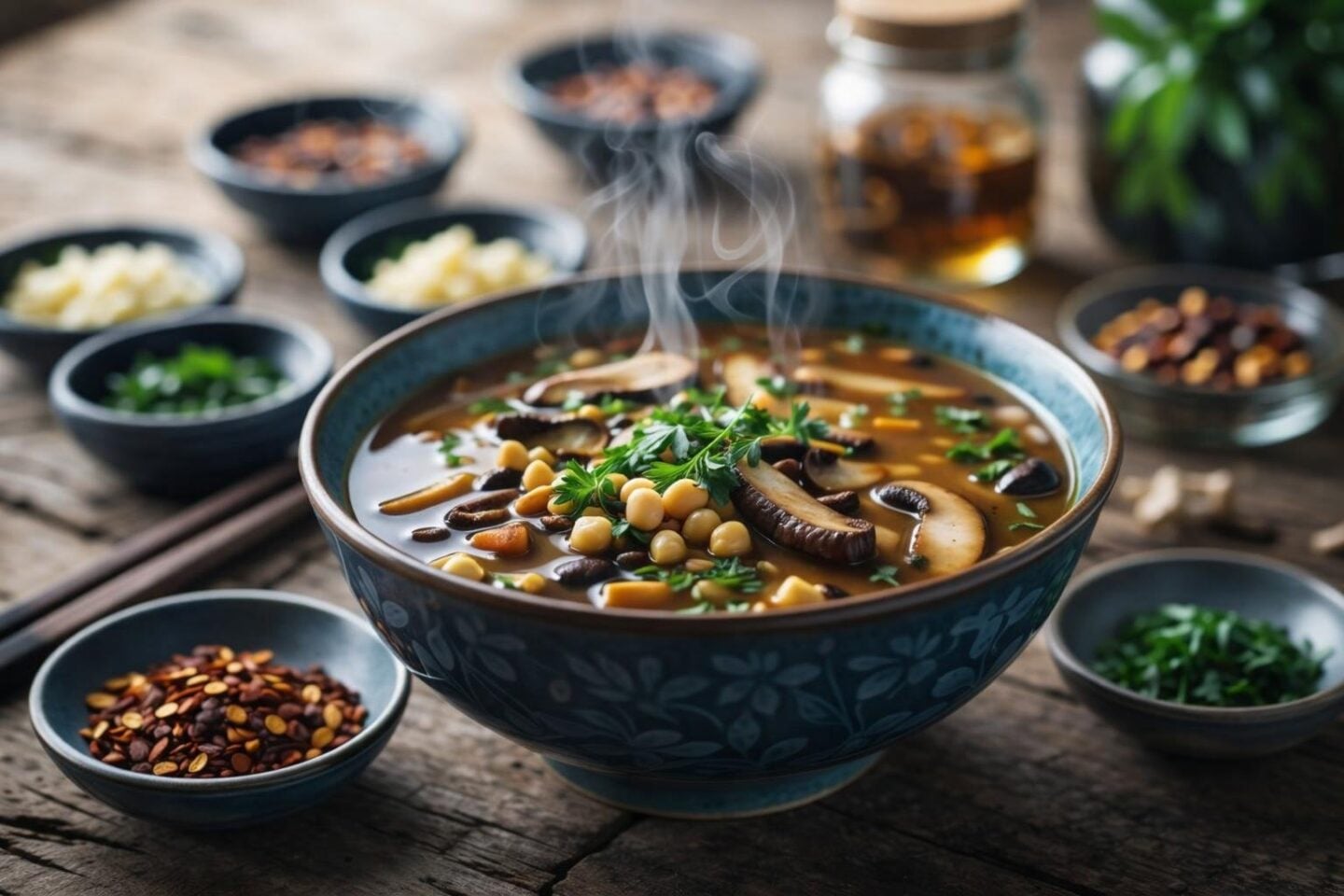 A bowl of Eight-Treasure Savory Soup with various colorful ingredients on a wooden table, accompanied by chopsticks and a spoon.
