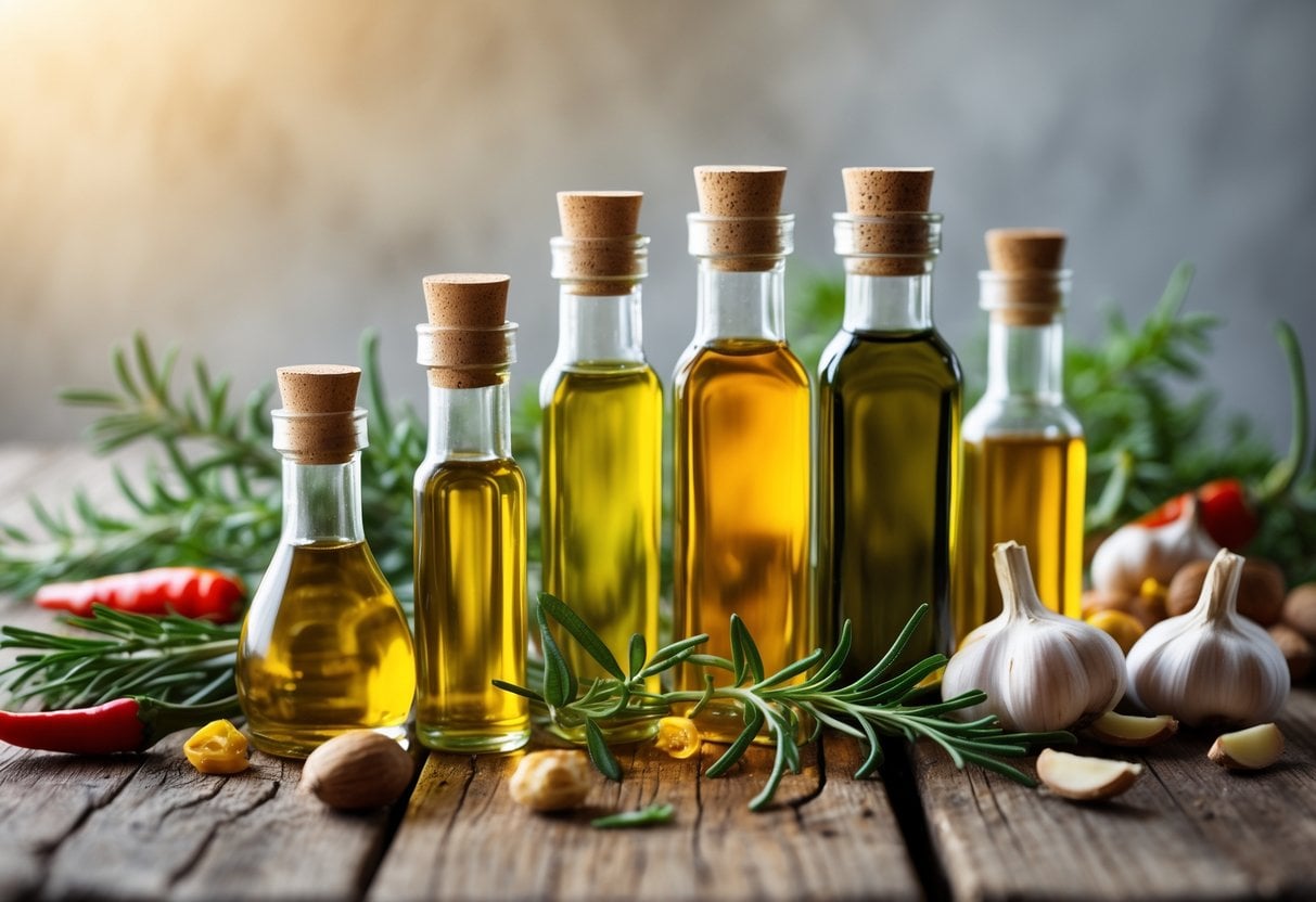 Various glass bottles of colorful culinary oils displayed on a wooden table with fresh herbs and spices around them.
