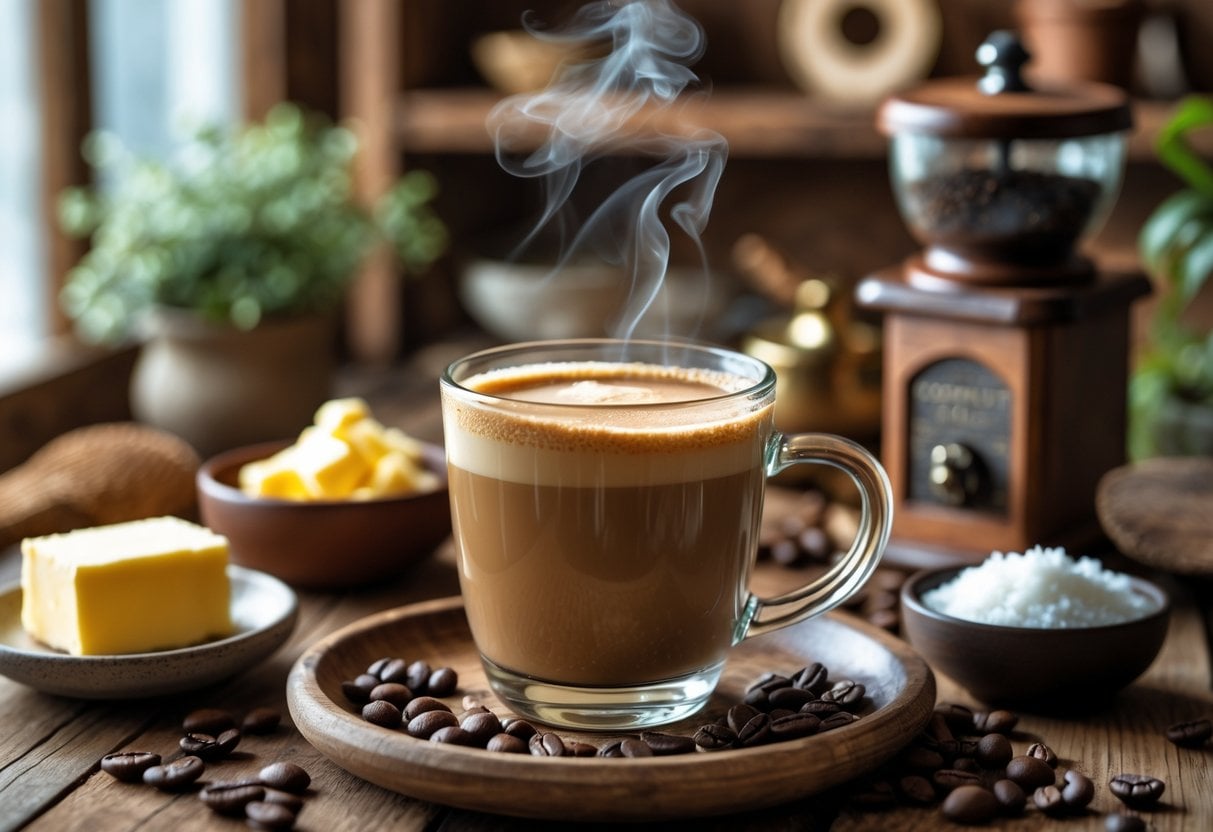 A steaming cup of butter coffee on a wooden table surrounded by butter, ground coffee, a coffee grinder, and coconut oil in a warm kitchen setting.