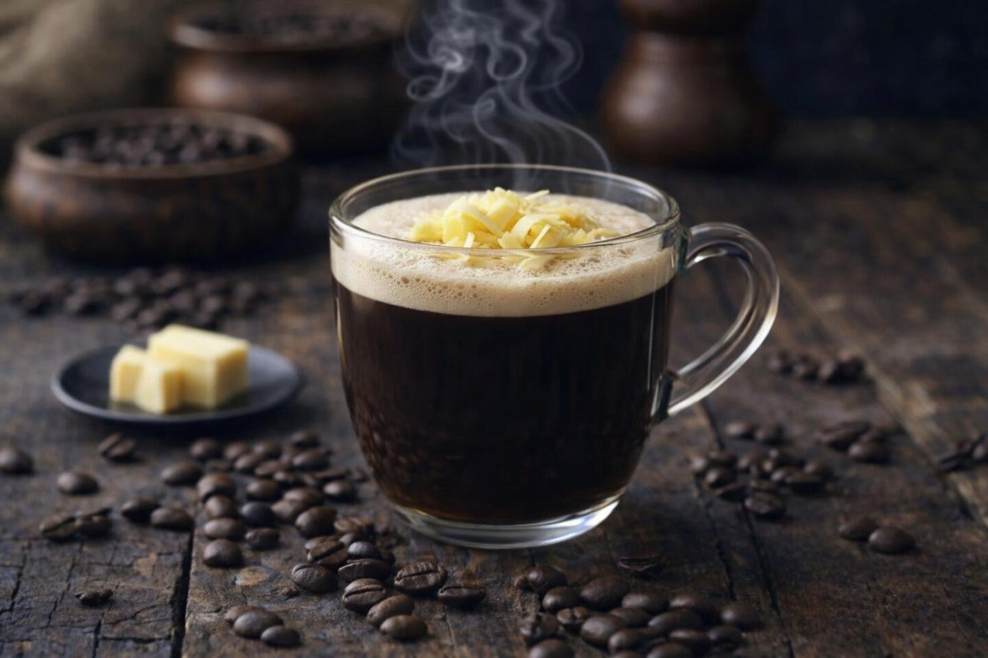 A steaming cup of butter coffee in a clear glass mug on a wooden table with coffee beans and a small dish of butter nearby.