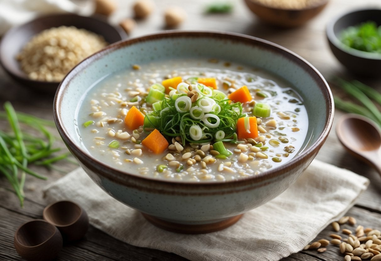 A steaming bowl of creamy Korean rice porridge with green onion garnish on a wooden table, surrounded by small side dishes.