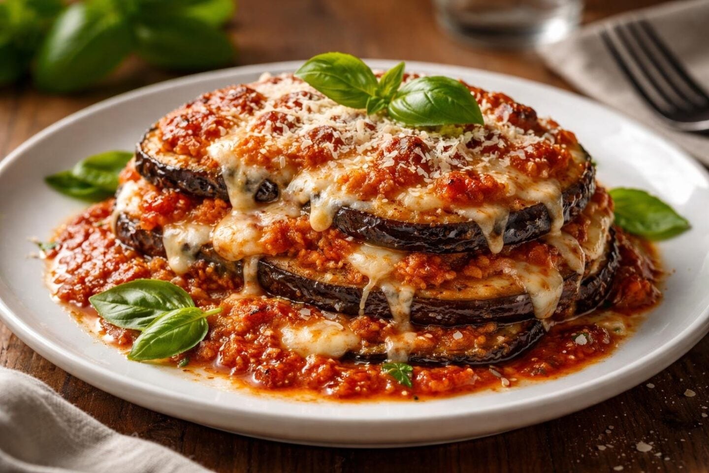 A plate of Eggplant Parmesan with melted cheese, tomato sauce, and basil on a wooden table.