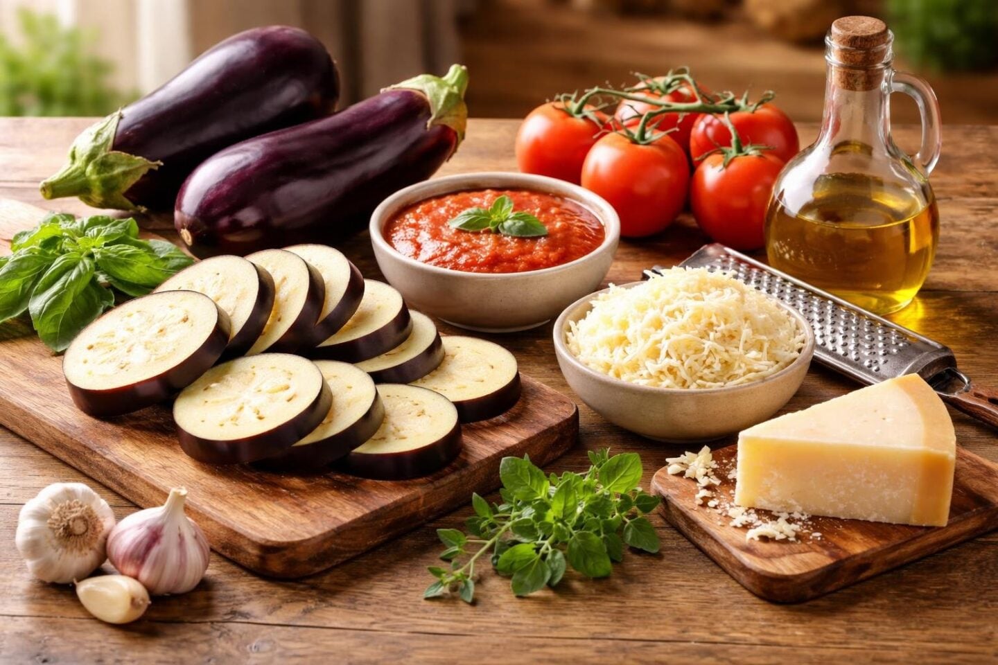 A table displaying fresh eggplants, tomatoes, marinara sauce, basil, Parmesan cheese, mozzarella, garlic, olive oil, and oregano for making Eggplant Parmesan.