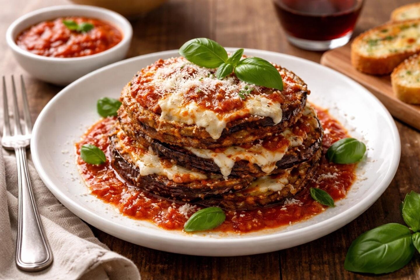A plate of Eggplant Parmesan with fresh basil, garlic bread, marinara sauce, and a glass of red wine on a wooden table.
