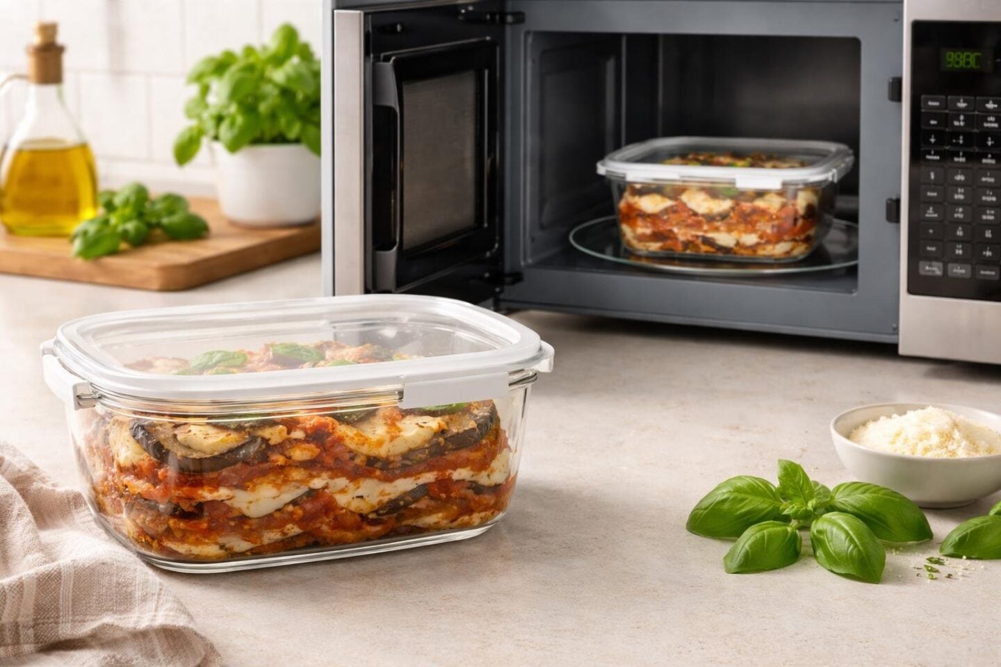A glass container with leftover Eggplant Parmesan on a kitchen counter next to an open microwave oven.