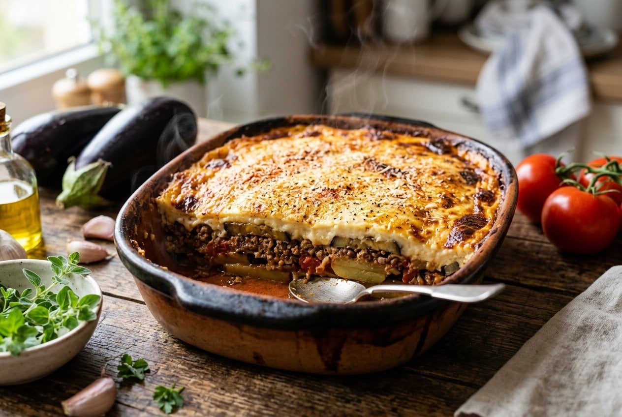 A freshly baked Greek moussaka casserole with golden b&eacute;chamel topping in a ceramic dish on a wooden table, surrounded by fresh ingredients.