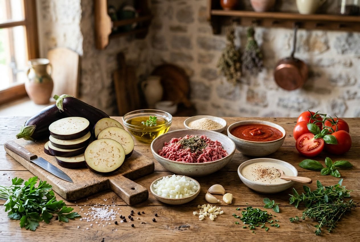 Fresh ingredients for Greek moussaka including sliced eggplants, tomatoes, ground beef, onions, garlic, tomato sauce, b&eacute;chamel sauce, and herbs arranged on a wooden surface.