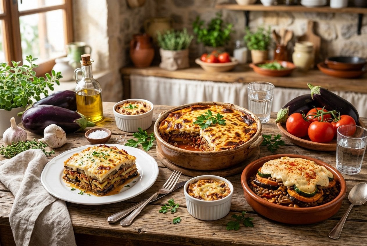 Several plates of layered eggplant casseroles with different toppings arranged on a wooden table with fresh vegetables and herbs around them.