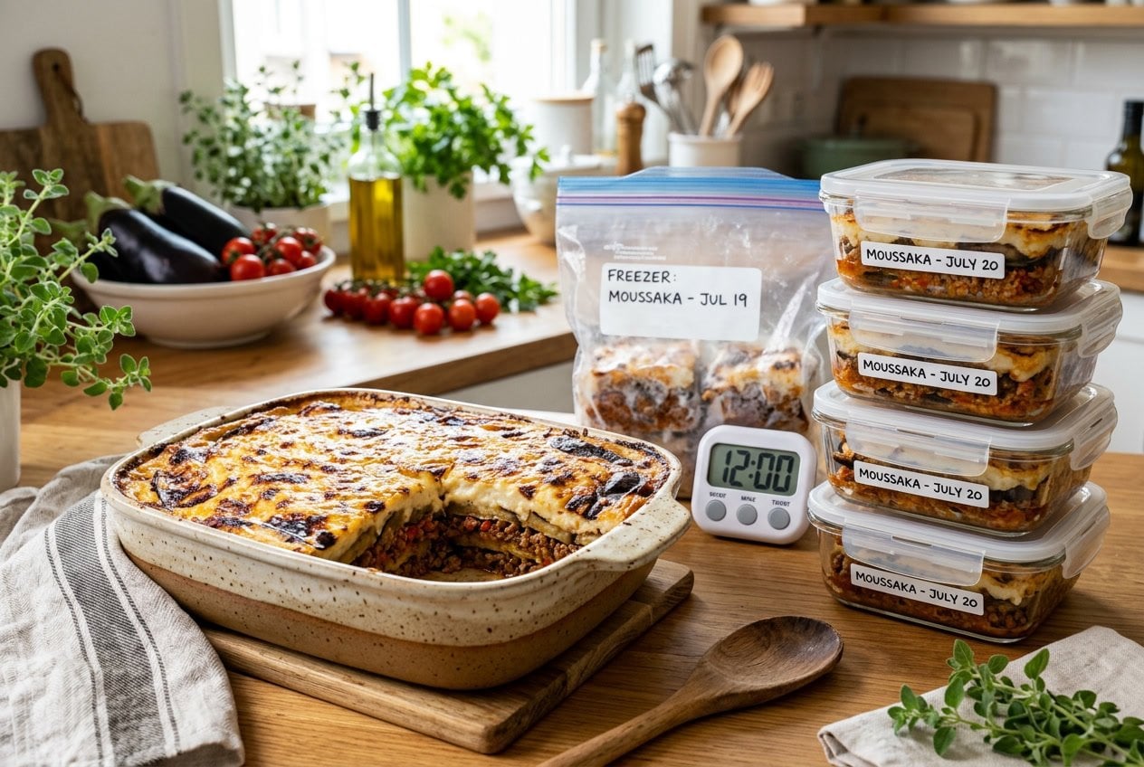 A layered Greek moussaka casserole in a baking dish with containers of stored portions and fresh ingredients on a kitchen countertop.