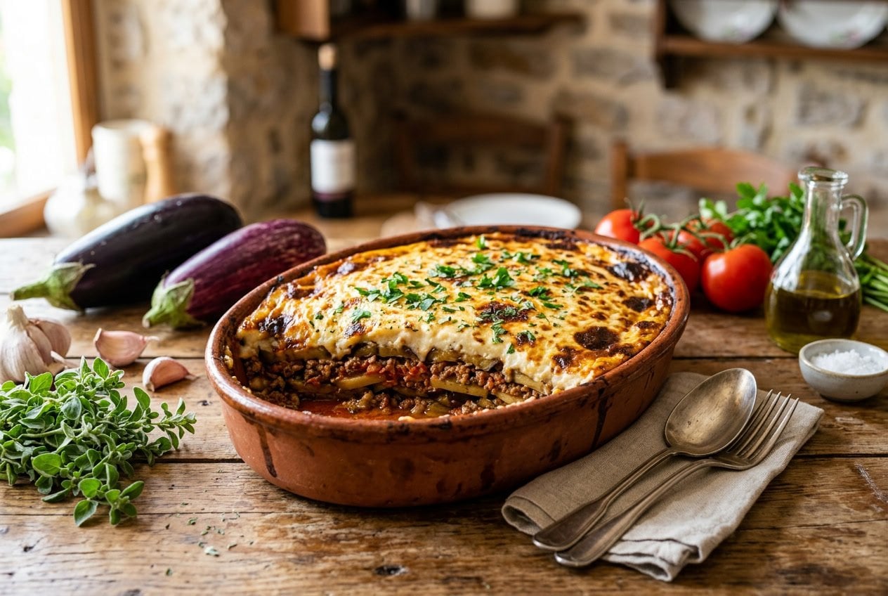 A freshly baked layered eggplant casserole in a ceramic dish on a wooden table surrounded by fresh vegetables and herbs.