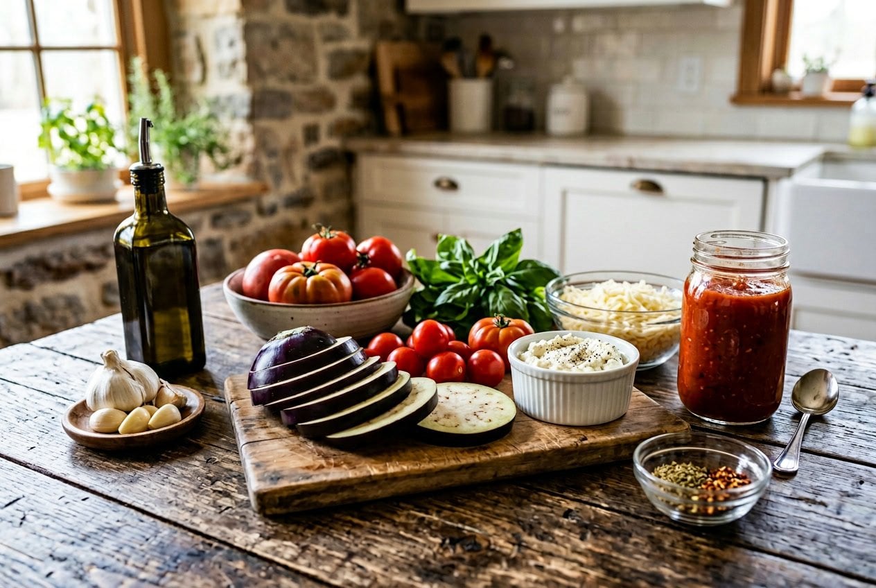 Fresh ingredients including sliced eggplant, tomatoes, basil, ricotta and mozzarella cheese, garlic, tomato sauce, and olive oil arranged on a wooden table.