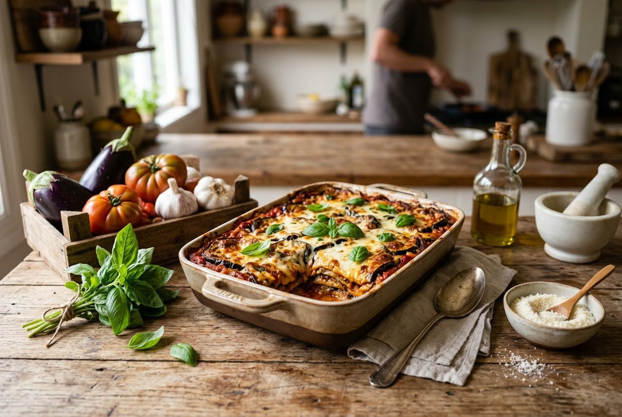 A freshly baked no-pasta eggplant lasagna on a wooden table surrounded by fresh eggplants, tomatoes, garlic, basil, and cheese.