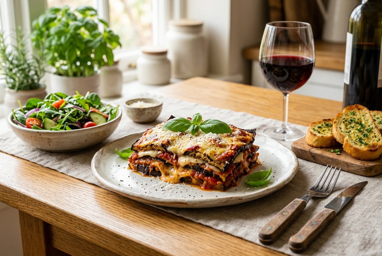 A plated no-pasta eggplant lasagna with a side salad, red wine, and garlic bread on a wooden table.