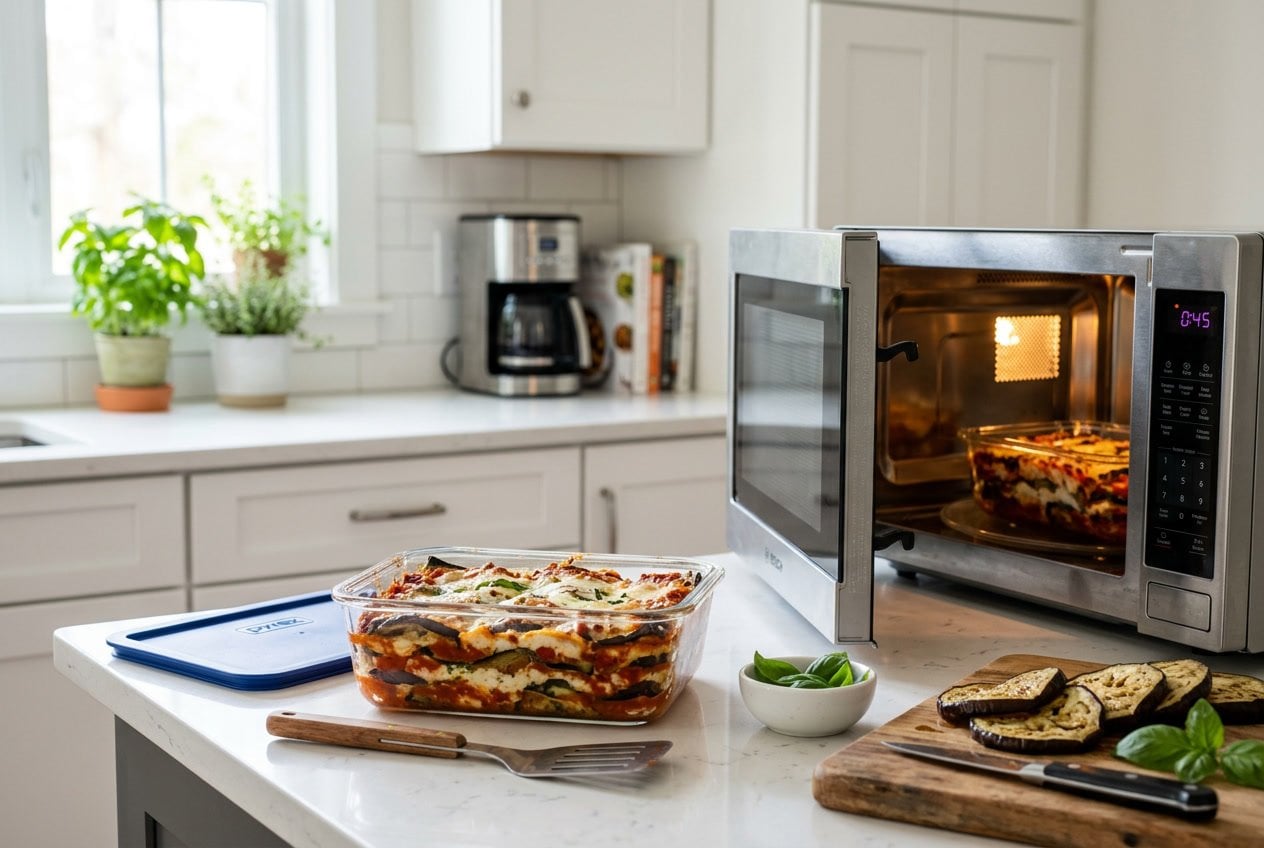 A glass container of layered eggplant lasagna on a kitchen countertop next to an open microwave, with fresh herbs and kitchen tools nearby.