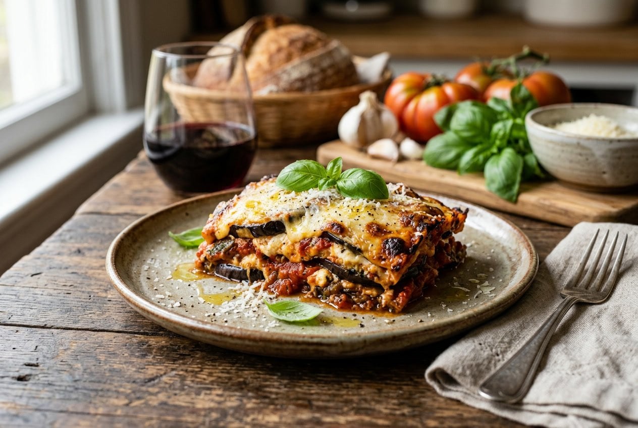 A plate of no-pasta eggplant lasagna with melted cheese and basil on a wooden table surrounded by fresh vegetables and a glass of red wine.