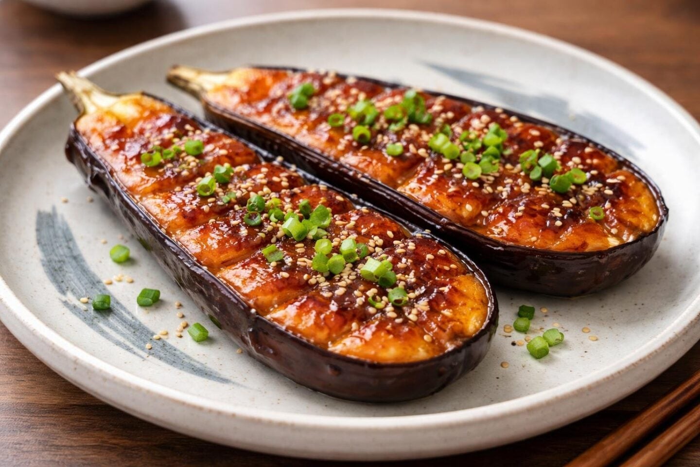 A plate of miso-glazed Japanese eggplant garnished with green onions and sesame seeds on a wooden table.