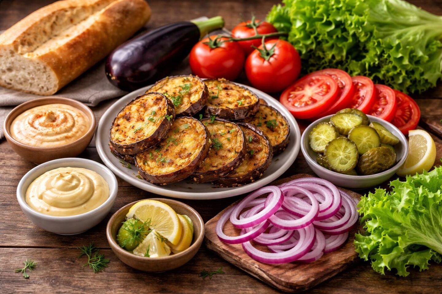 Fresh ingredients for an eggplant sandwich arranged on a wooden surface, including grilled eggplant slices, lettuce, tomatoes, red onions, pickles, bread, and small bowls of sauce.