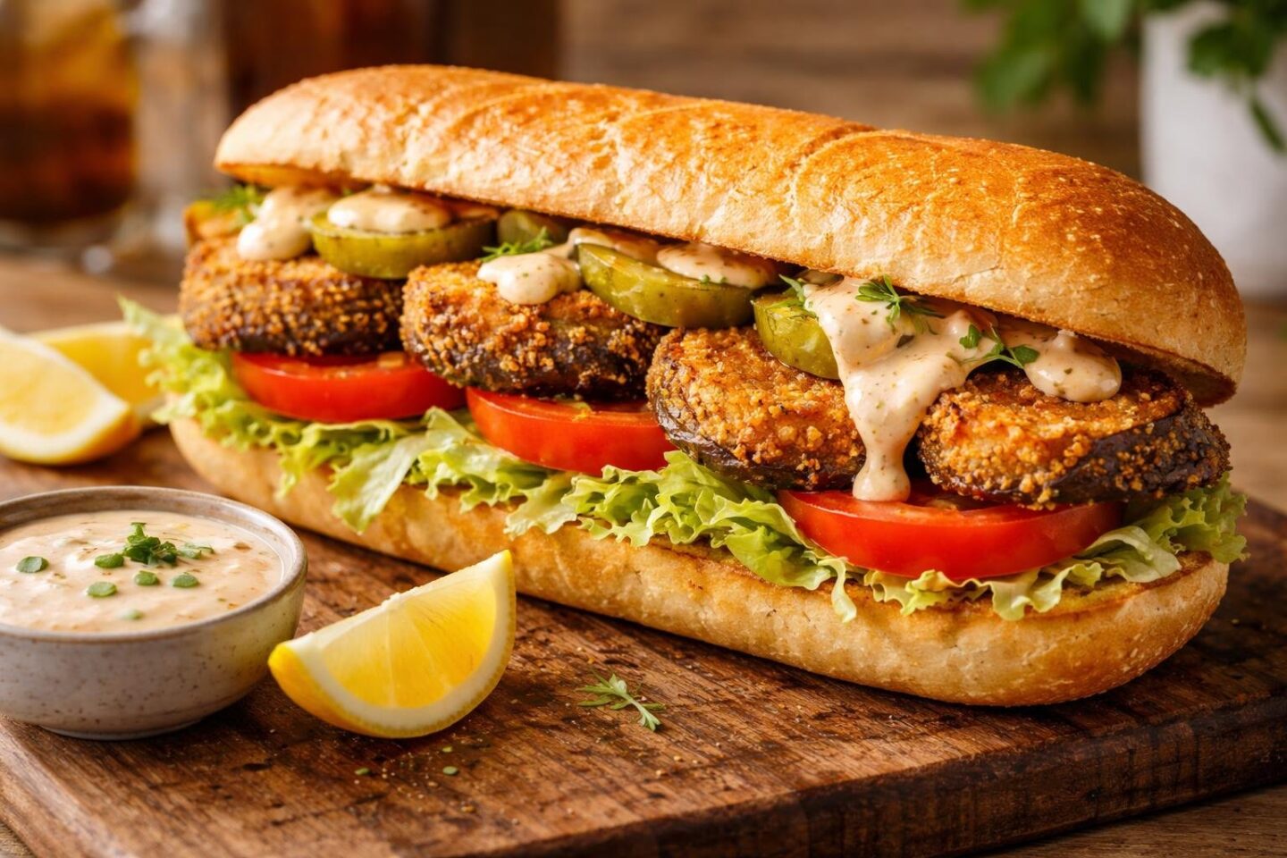Close-up of a fried eggplant sandwich with lettuce, tomato, pickles, and sauce on a toasted baguette, served on a wooden board with lemon wedges and sauce.