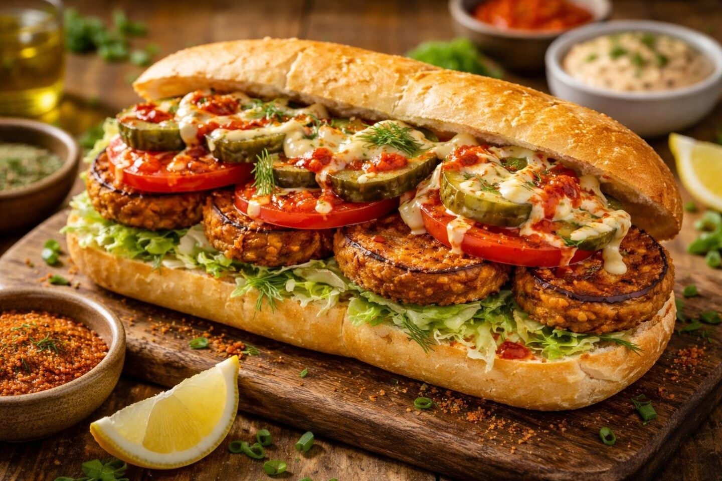 A vegetarian Eggplant Po’ Boy sandwich with sauces, lettuce, tomato, and pickles on a wooden board, surrounded by small bowls of seasonings and sauces.
