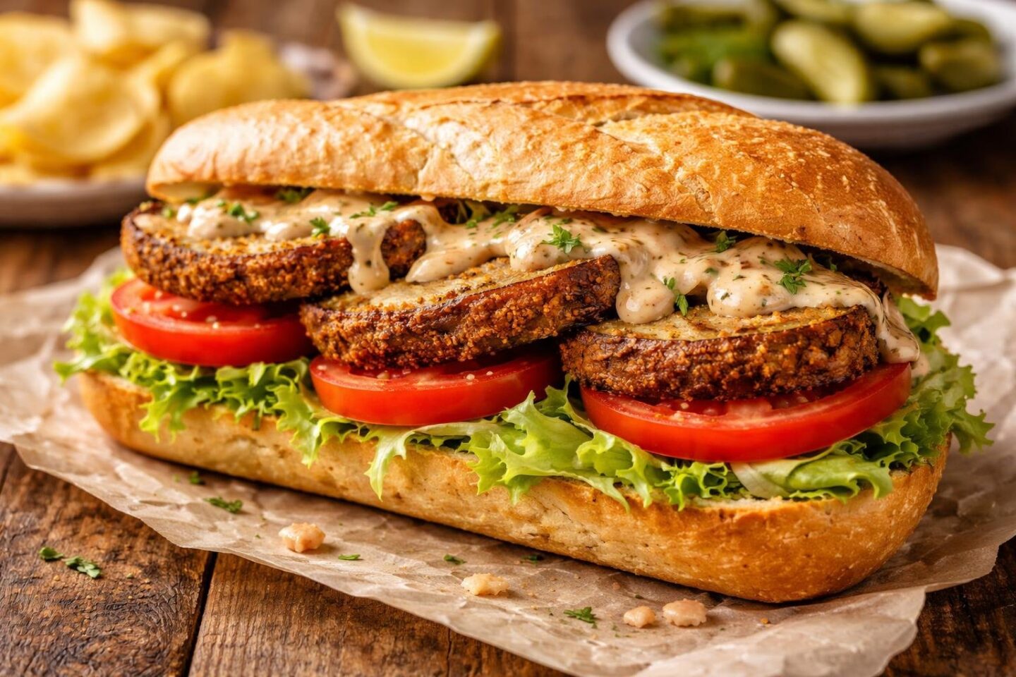 A close-up of a fried eggplant sandwich with lettuce and tomato on a crusty baguette, served on a wooden table with pickles and potato chips in the background.