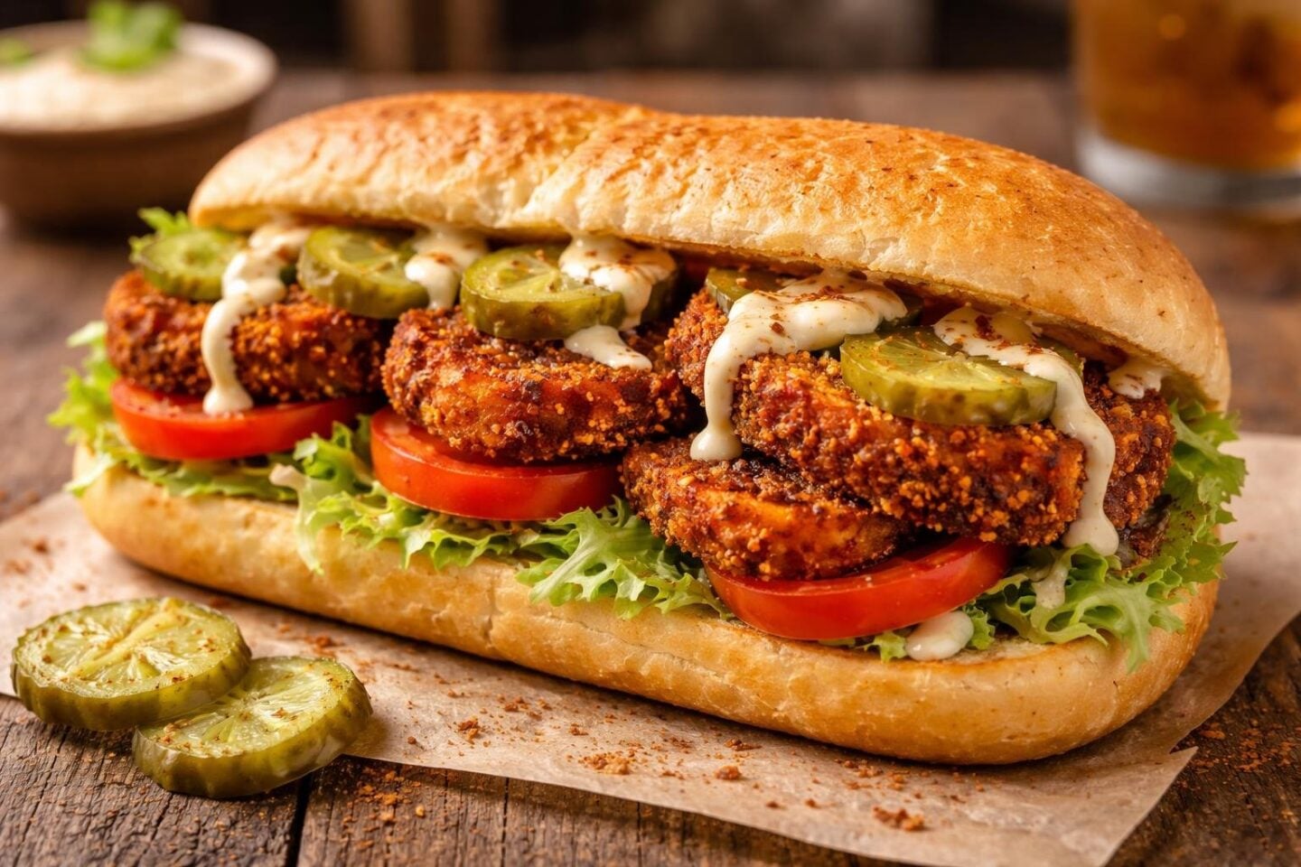 A sandwich filled with fried spicy eggplant, lettuce, tomato, and pickles on a wooden table with a small bowl of sauce nearby.