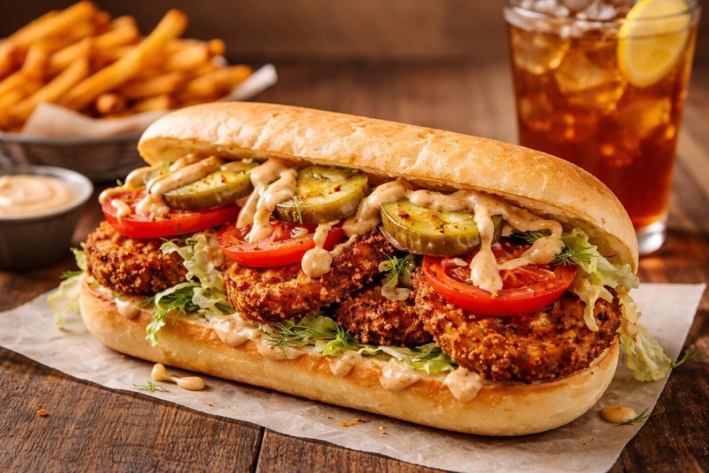 A sandwich filled with fried eggplant, lettuce, tomato, and pickles on a hoagie roll, placed on a wooden table with fries and a glass of iced tea nearby.