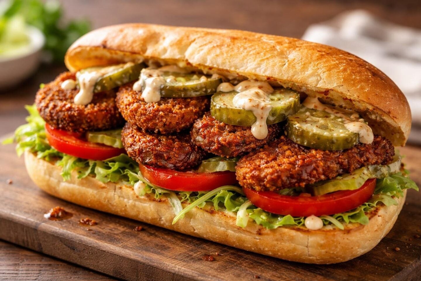 A close-up of a sandwich with fried eggplant, lettuce, tomato, and pickles on a toasted French roll.