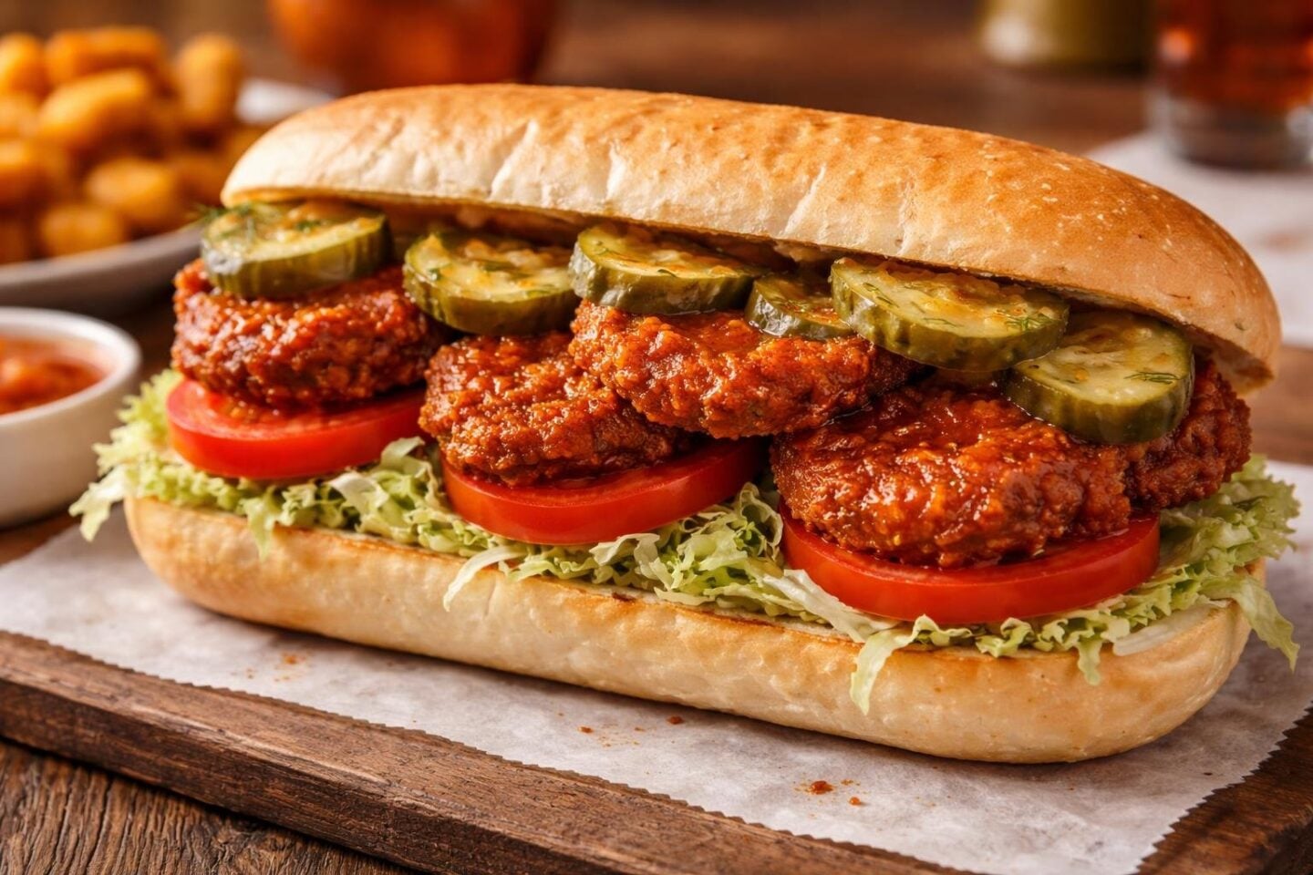 A sandwich with fried eggplant, lettuce, tomato, and pickles on a hoagie roll placed on a wooden table with a small bowl of sauce and fries nearby.