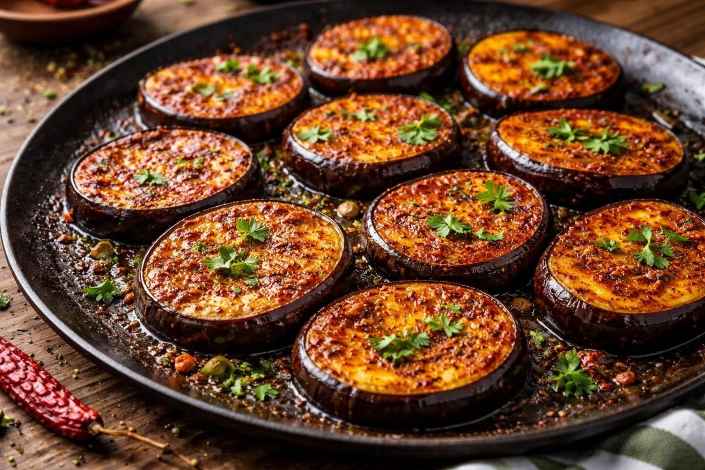Close-up of sliced brinjal pieces cooked with spices on a flat griddle, garnished with fresh coriander leaves.