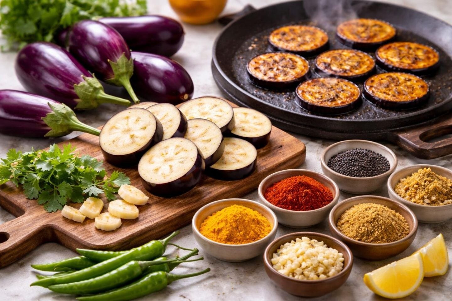 A spread of fresh brinjals, spices, and herbs arranged around a cast iron griddle with pieces of cooked brinjal tawa fry.