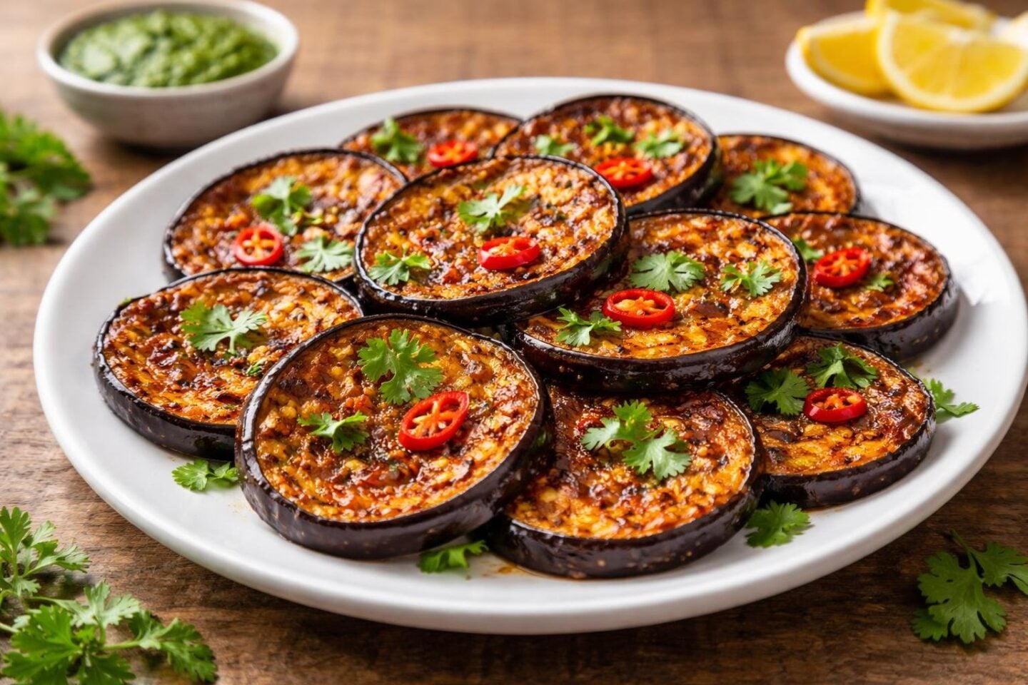 Plate of golden fried brinjal slices garnished with coriander and red chili on a wooden table with chutney and lemon wedges in the background.