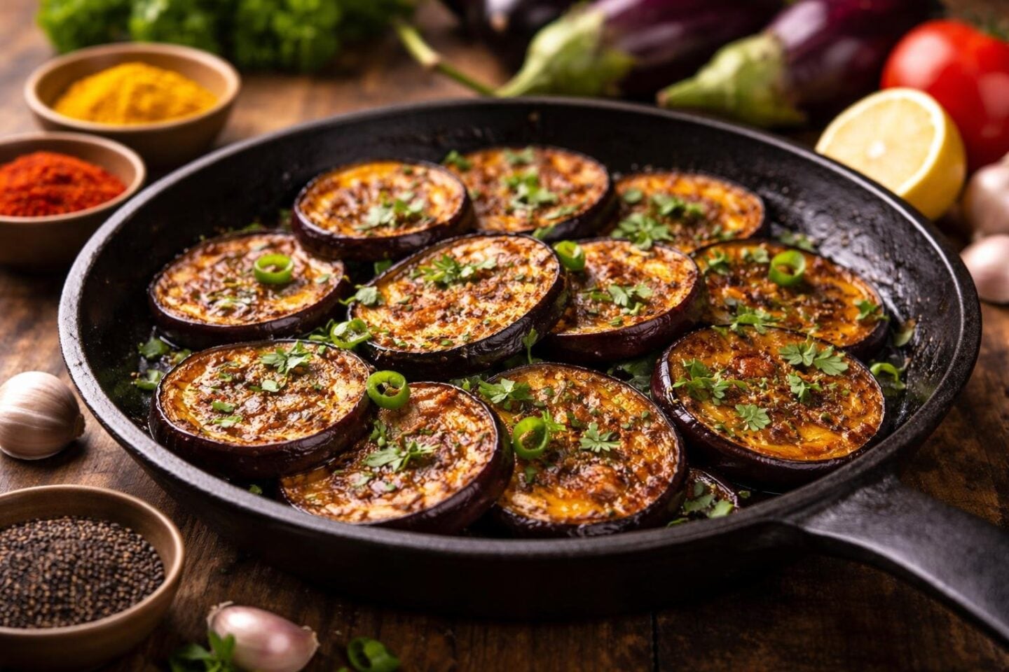 A skillet of golden brown brinjal tawa fry garnished with coriander and green chilies on a wooden table with small bowls of spices nearby.