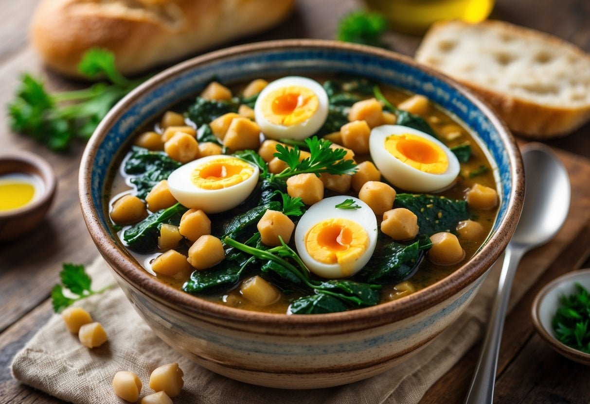A bowl of Spanish Lenten stew with chickpeas, spinach, cod, and hard-boiled eggs on a wooden table with bread and olive oil nearby.