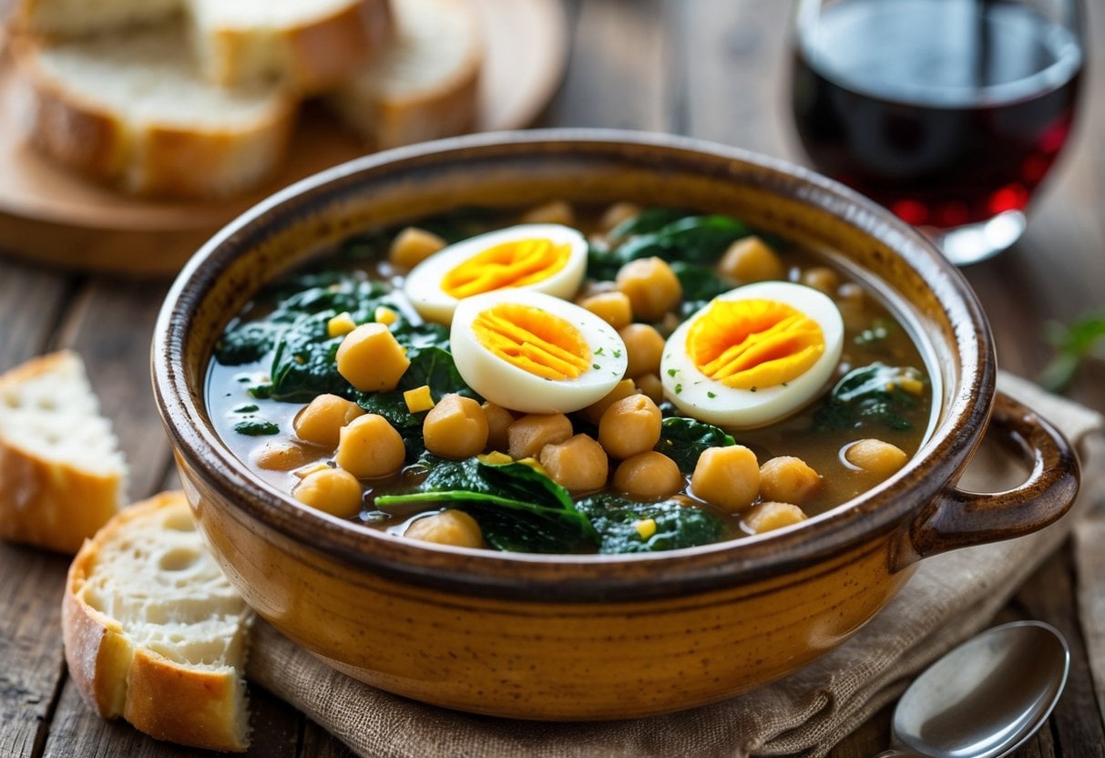 A bowl of Spanish Lenten stew with chickpeas, spinach, cod, and hard-boiled eggs on a wooden table with bread and a glass of red wine nearby.