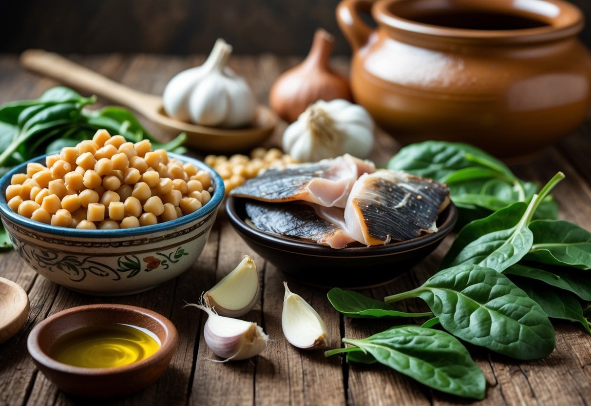 Fresh ingredients for Spanish Lenten stew arranged on a wooden table, including chickpeas, spinach, garlic, onions, dried cod, and olive oil.