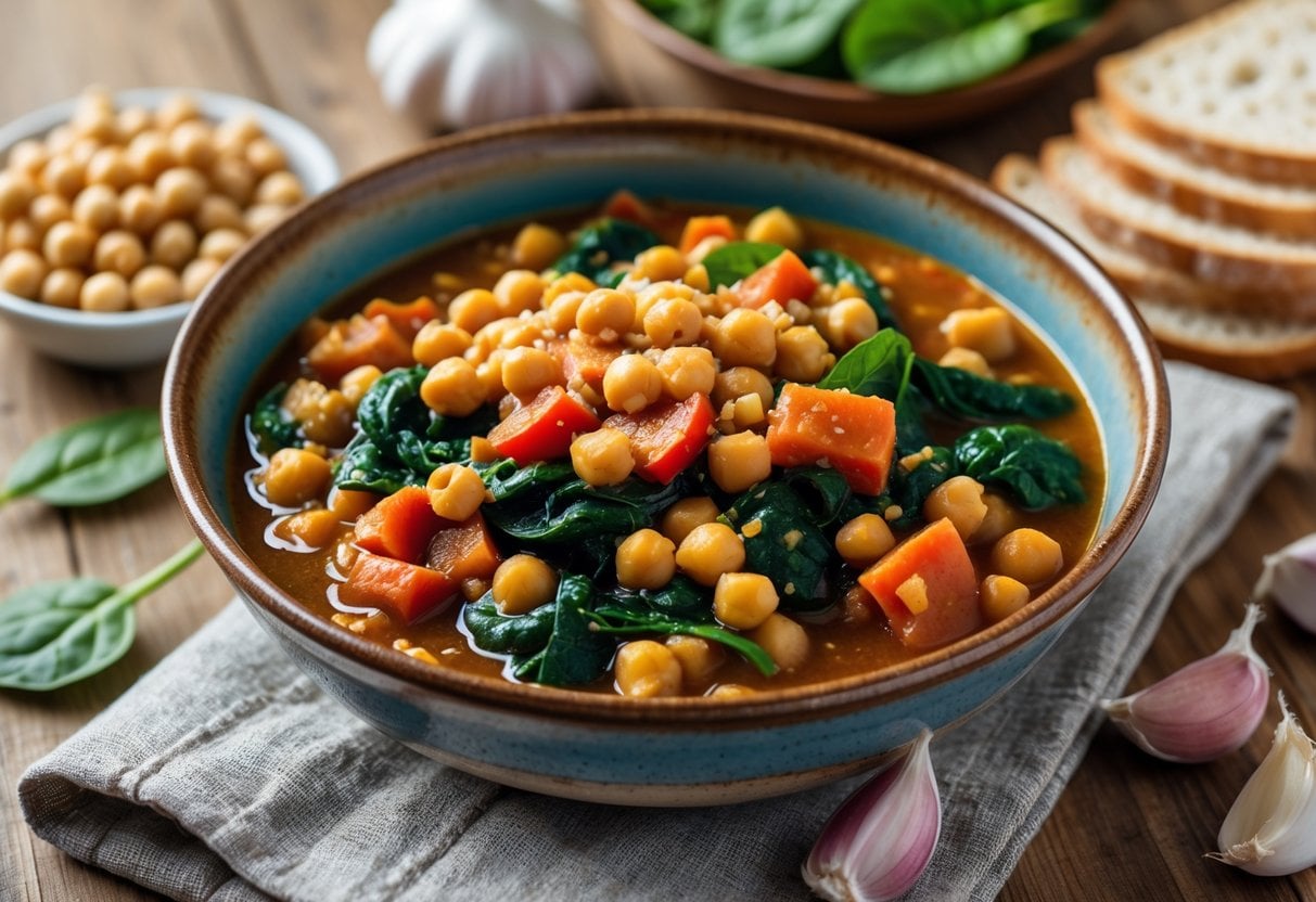 A bowl of Spanish Lenten stew with chickpeas, spinach, and codfish on a wooden table surrounded by fresh ingredients and bread.
