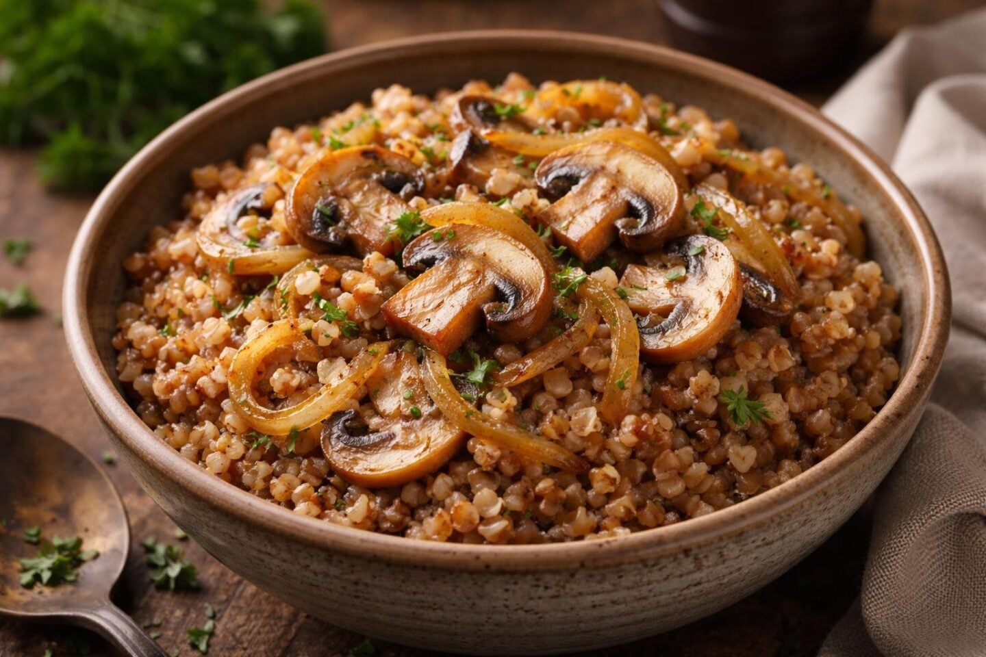 A bowl of buckwheat kasha mixed with sautéed mushrooms and caramelized onions on a wooden table.