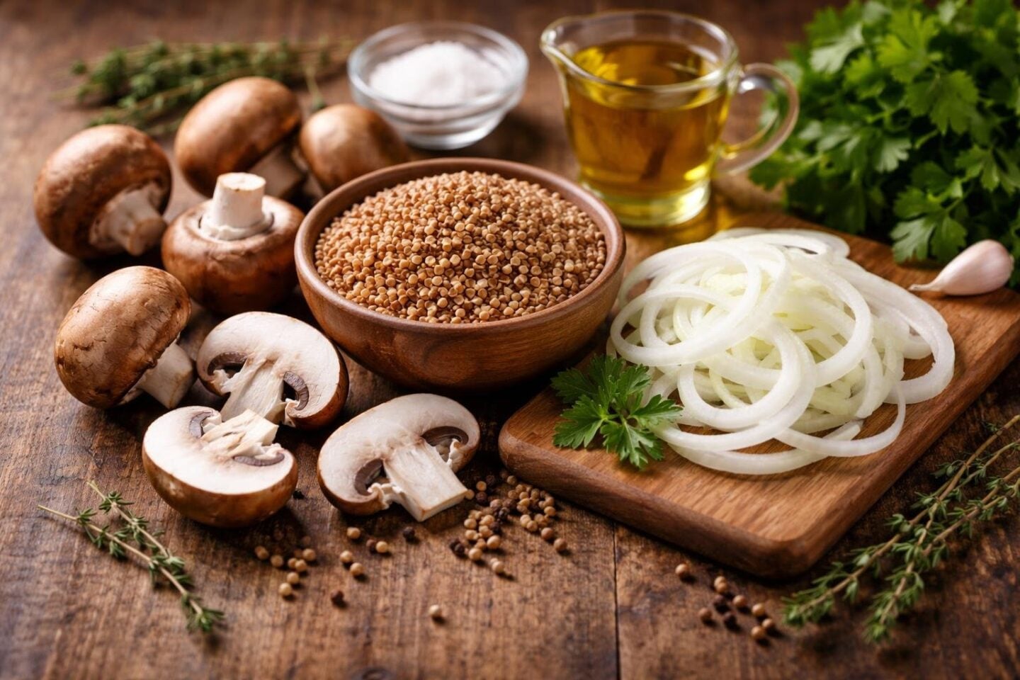 Fresh buckwheat, mushrooms, sliced onions, and herbs arranged on a wooden surface with a small container of olive oil.