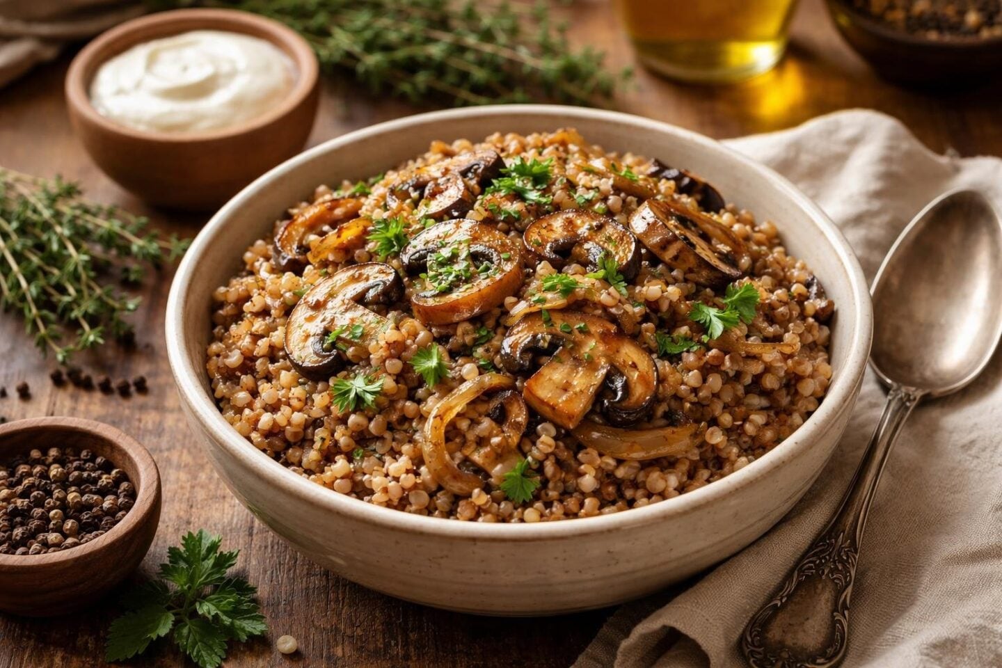 A bowl of buckwheat kasha with mushrooms and onions on a wooden table, garnished with fresh herbs and accompanied by a spoon and a small dish of sour cream.