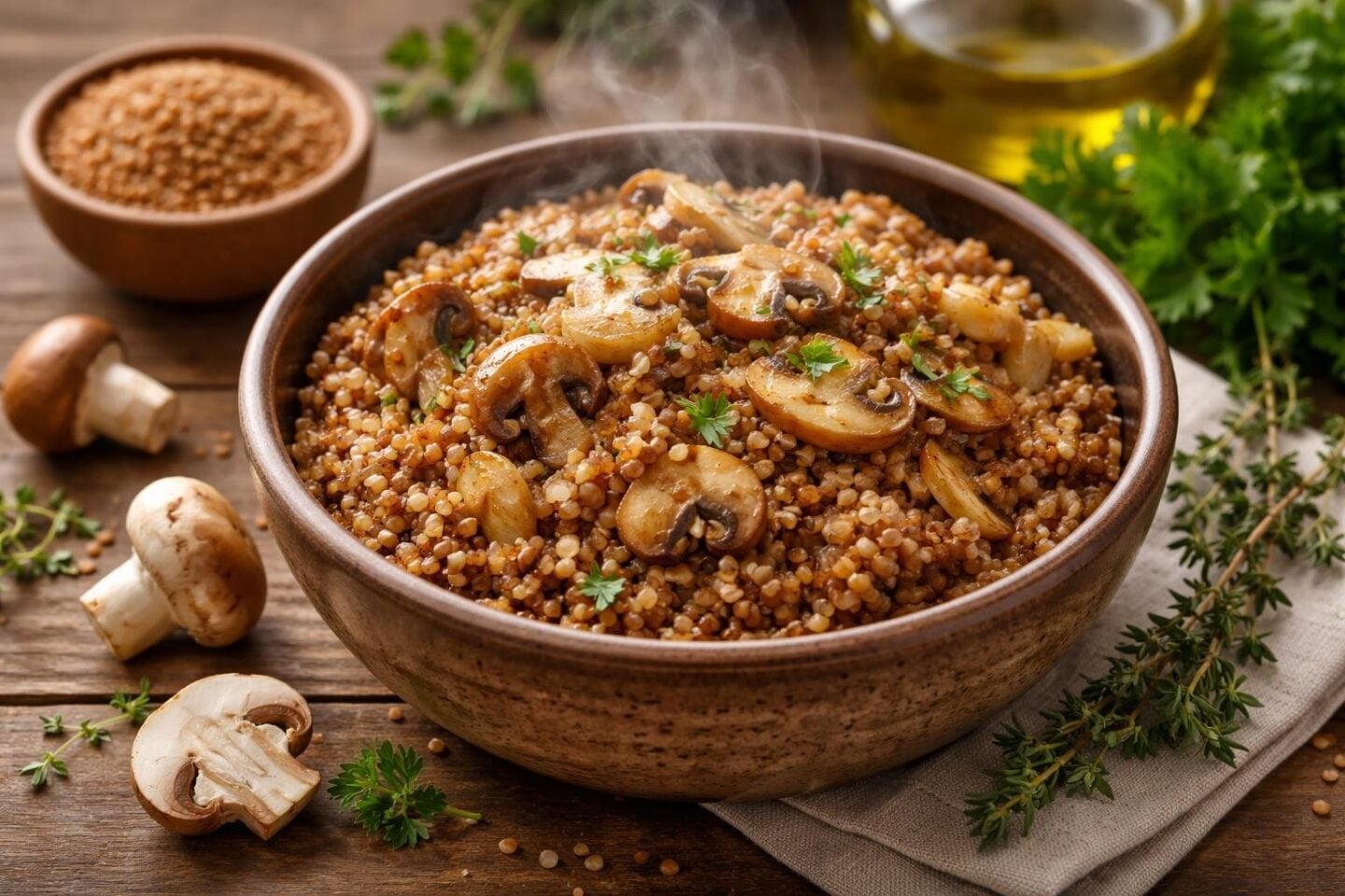 A bowl of buckwheat kasha with sautéed mushrooms and onions on a wooden table, surrounded by fresh ingredients.
