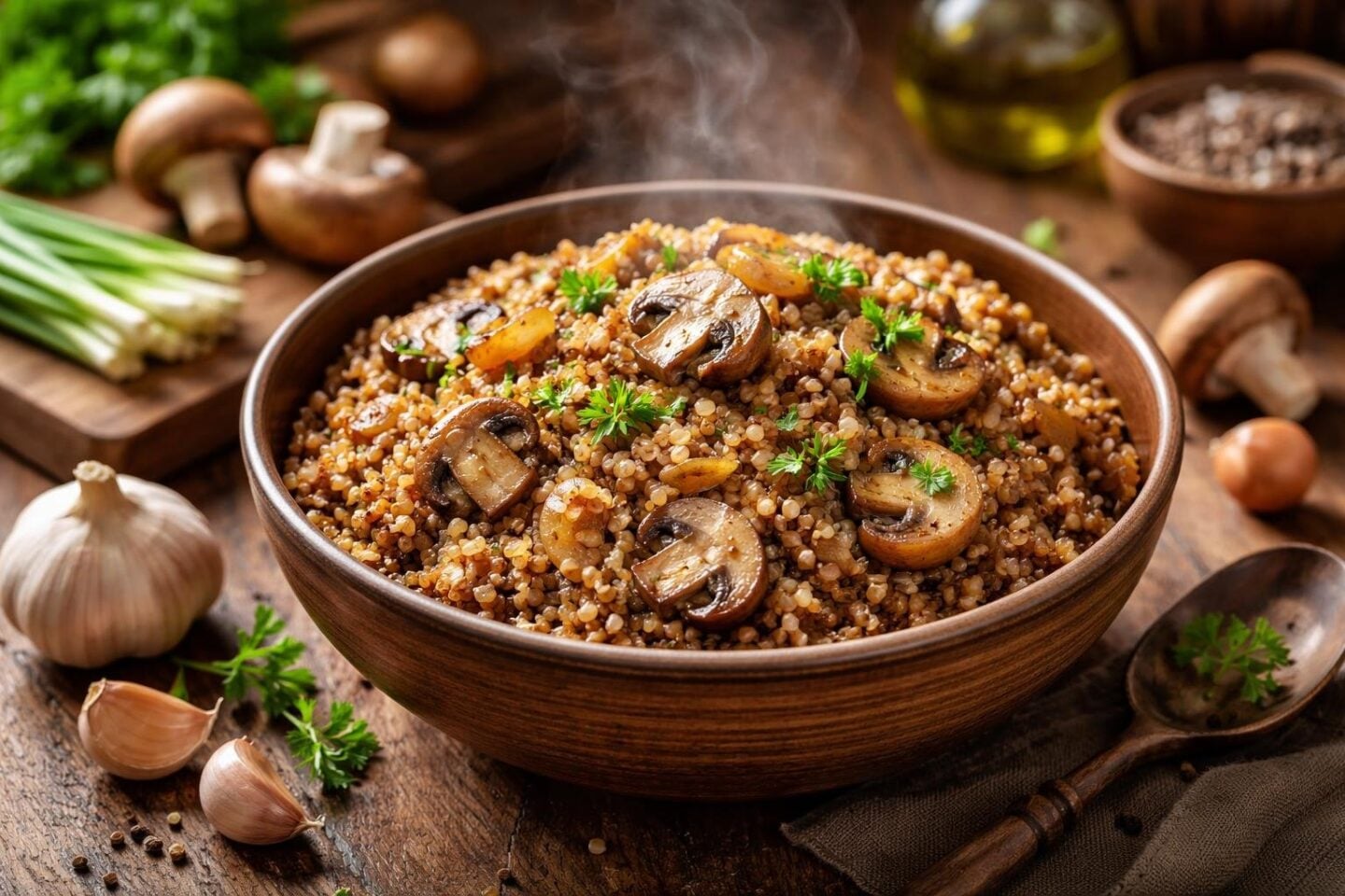 A bowl of buckwheat kasha with mushrooms and onions on a wooden table surrounded by fresh ingredients.