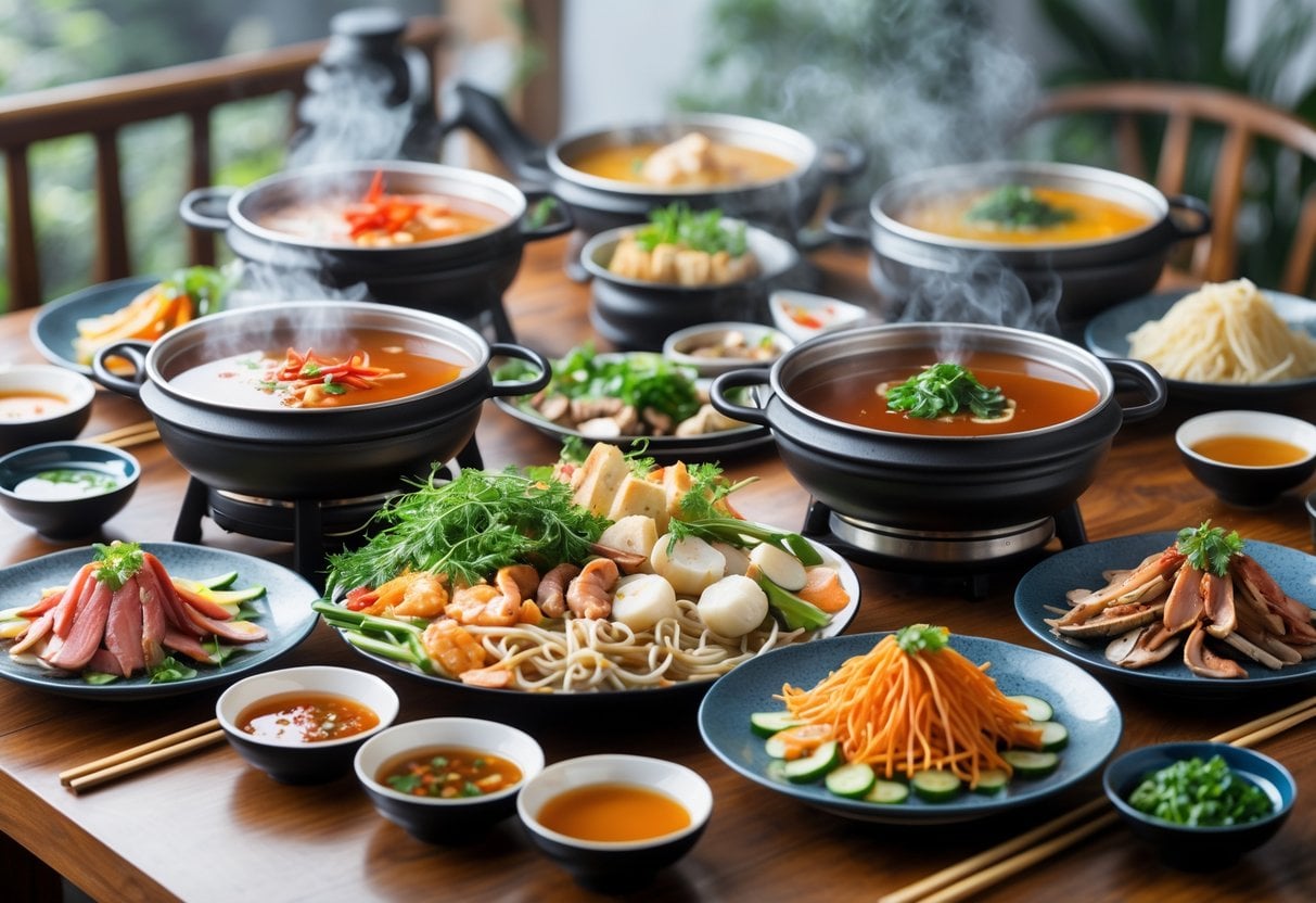 A table set with several steaming hot pots containing different broths surrounded by plates of fresh meats, seafood, vegetables, and dipping sauces.