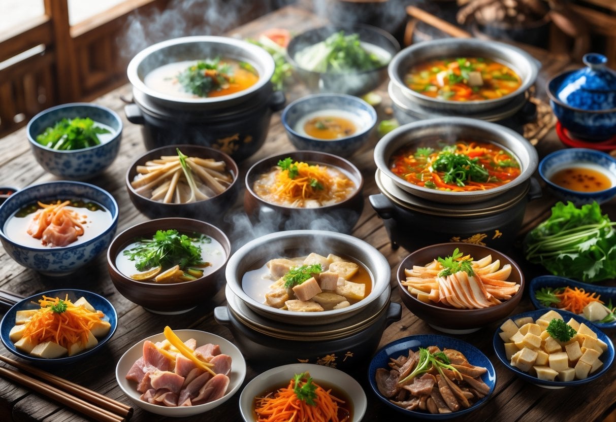 A table set with several steaming hot pot pots and a variety of fresh ingredients including meats, vegetables, and sauces.