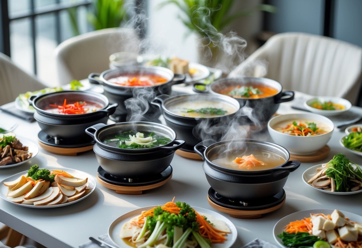 A table with several hot pots containing different broths and plates of fresh ingredients like meats, vegetables, and tofu arranged around them.