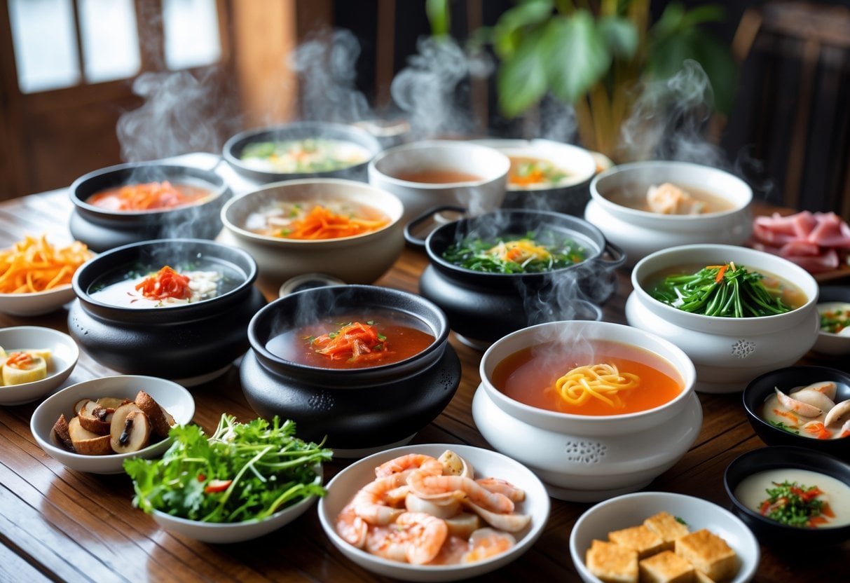 A table with several steaming hot pots and various fresh ingredients arranged around them.