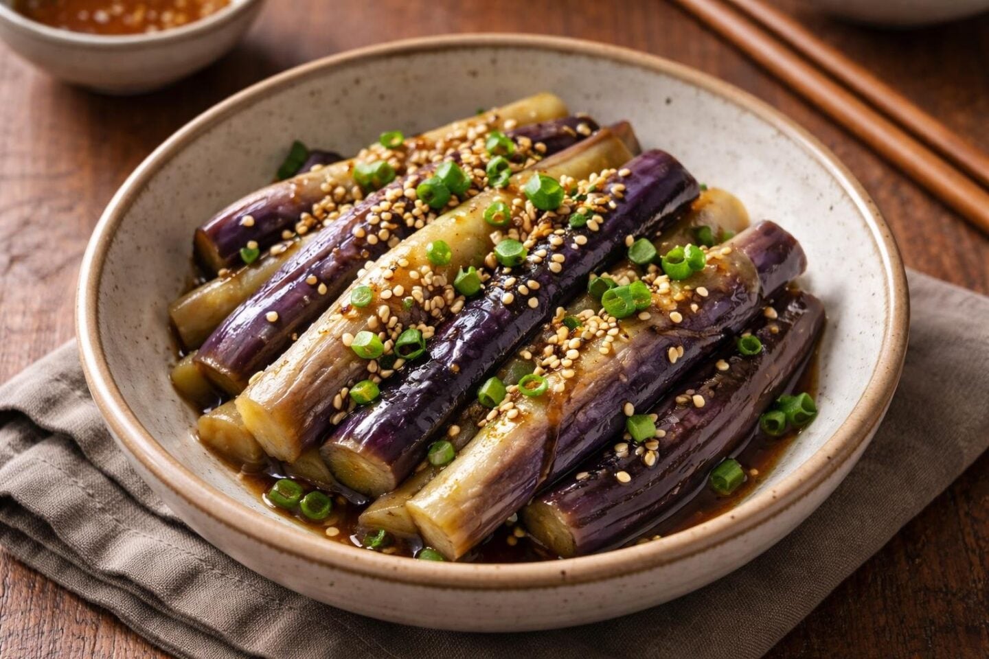A bowl of Korean steamed eggplant side dish garnished with sesame seeds and green onions on a wooden table.