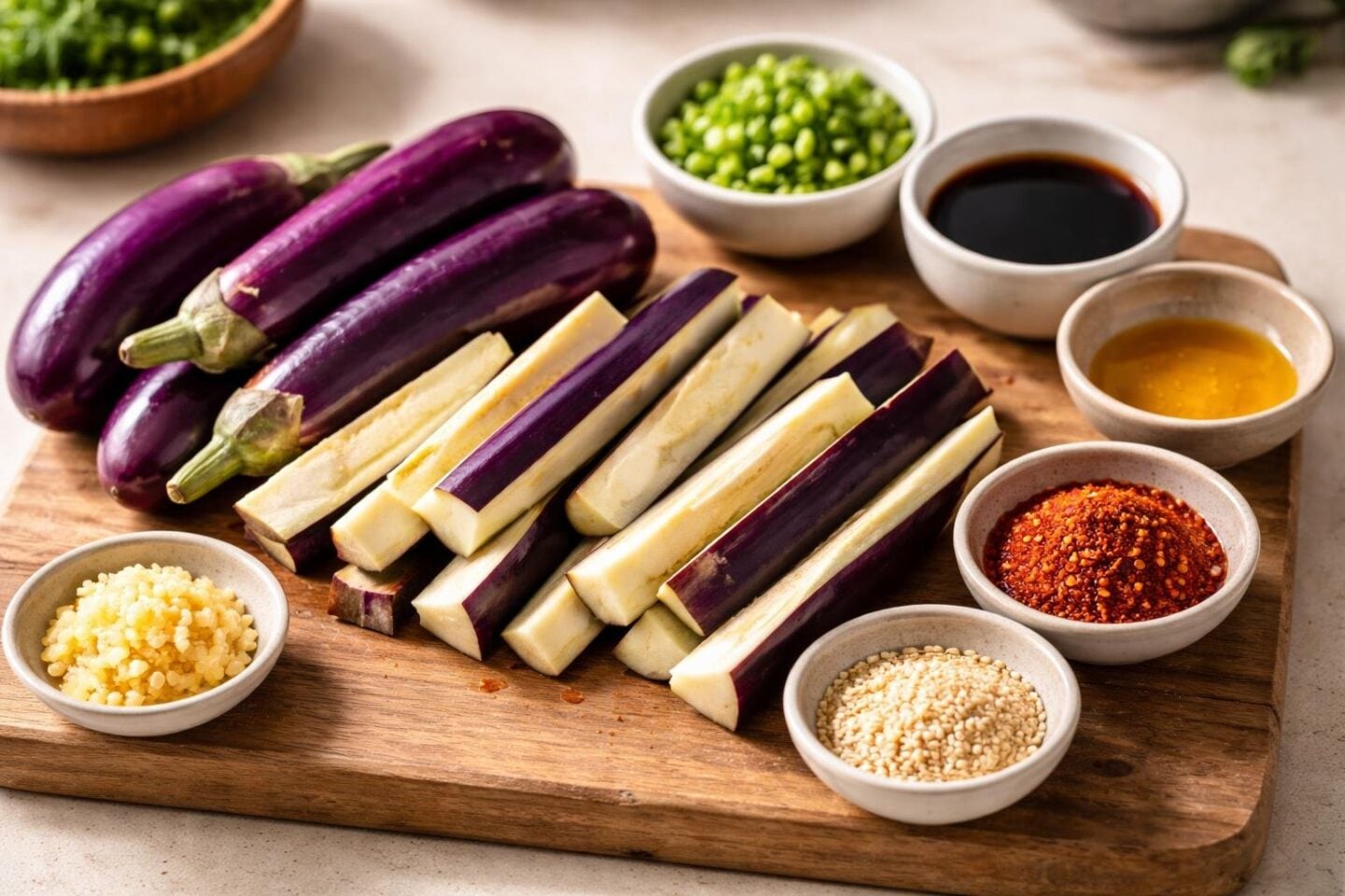 Fresh sliced eggplants and small bowls of Korean seasonings arranged on a wooden cutting board on a kitchen countertop.